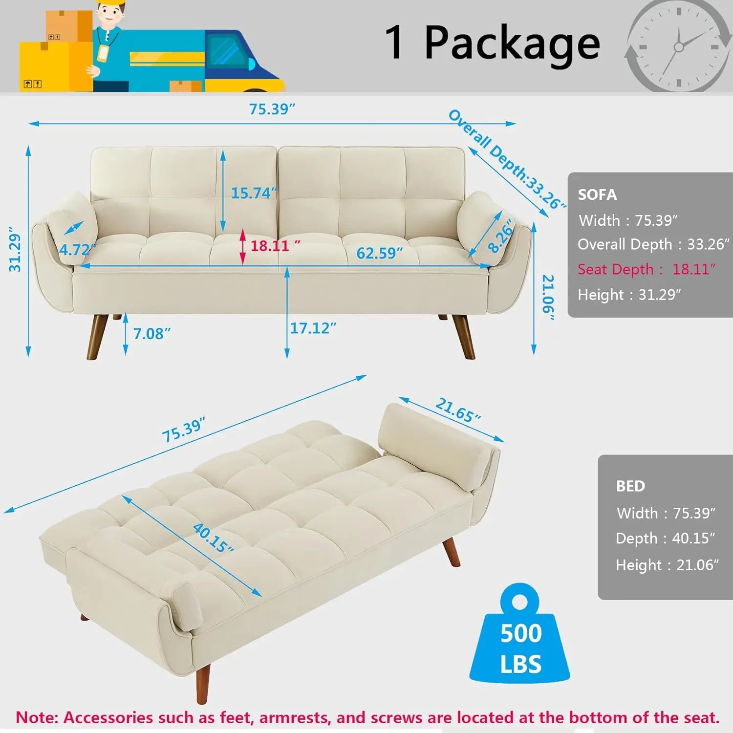 75" Linen Twin Size Futon Sofa Bed. Adjustable Split Backrest