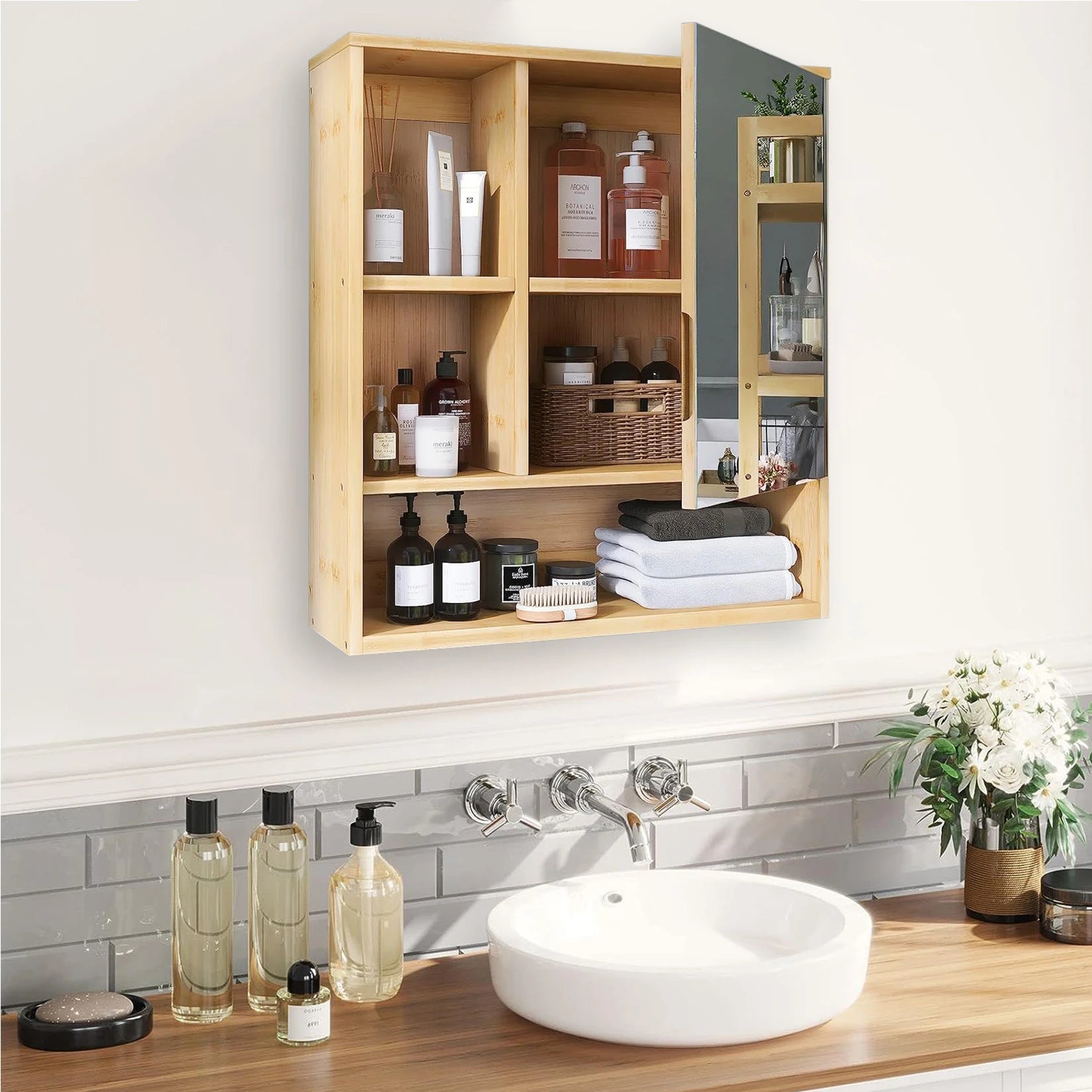 Wall Medicine Cabinet Cupboard Natural Bamboo Bathroom Vanity Mirror