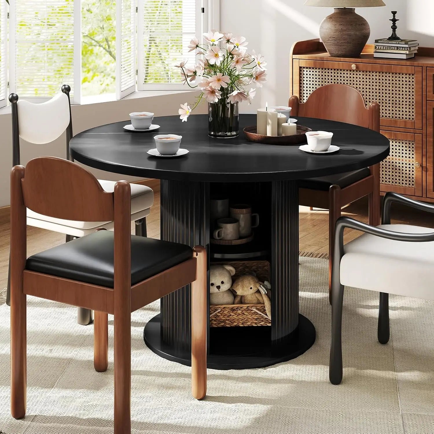 47" Round Dining Table with Storage, Wood Strip Base