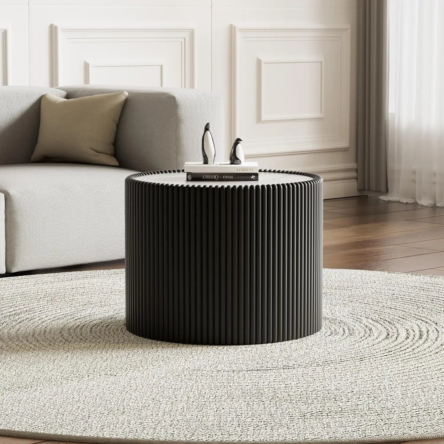 29.52" Grey Round Coffee Table Sintered Stone Top Fluted PU Leather Base