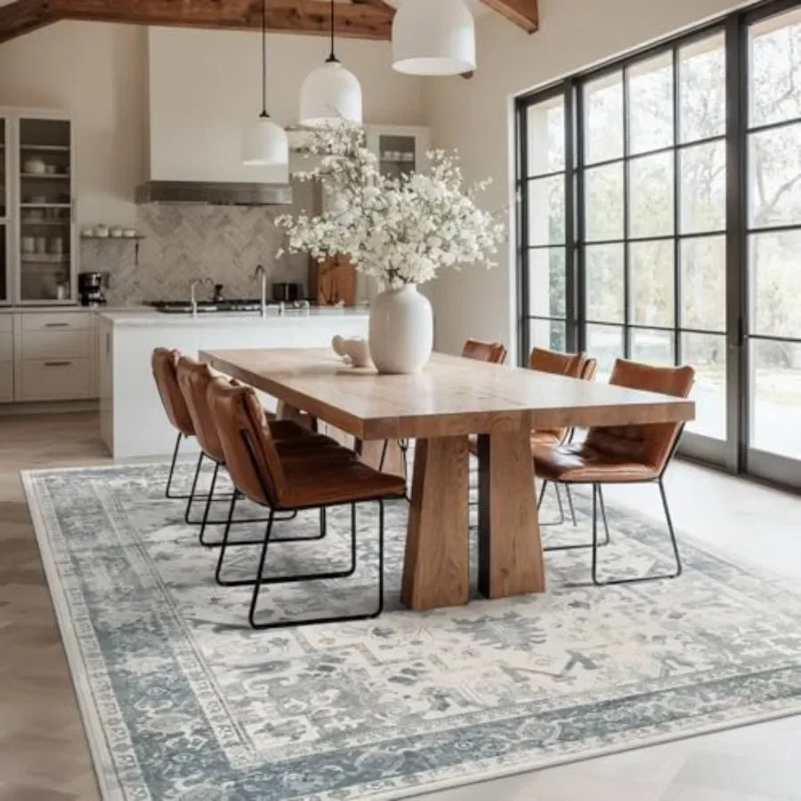 Area Rugs 5x7, Washable Rugs, Vintage Boho Light Blue Rug.