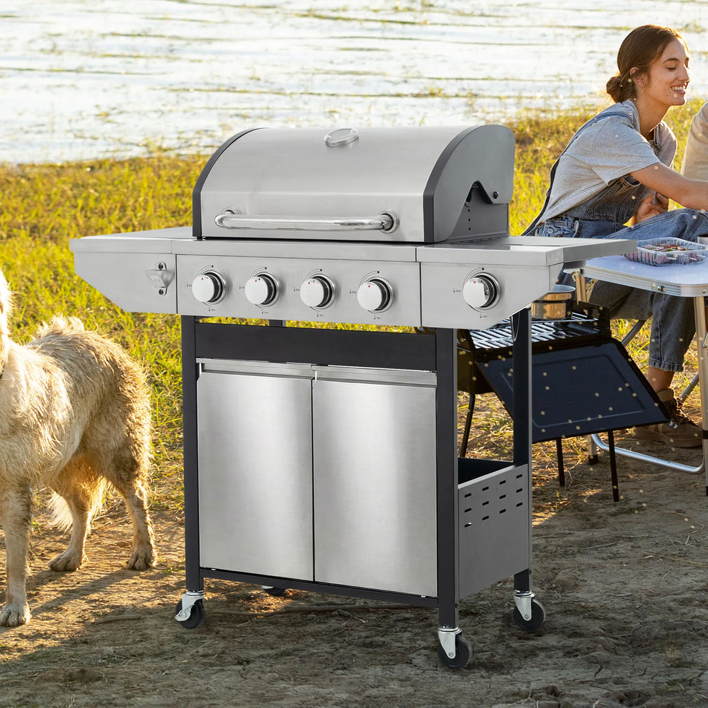 4 Main Burner Stainless Steel Gas Grill with Side Burner,