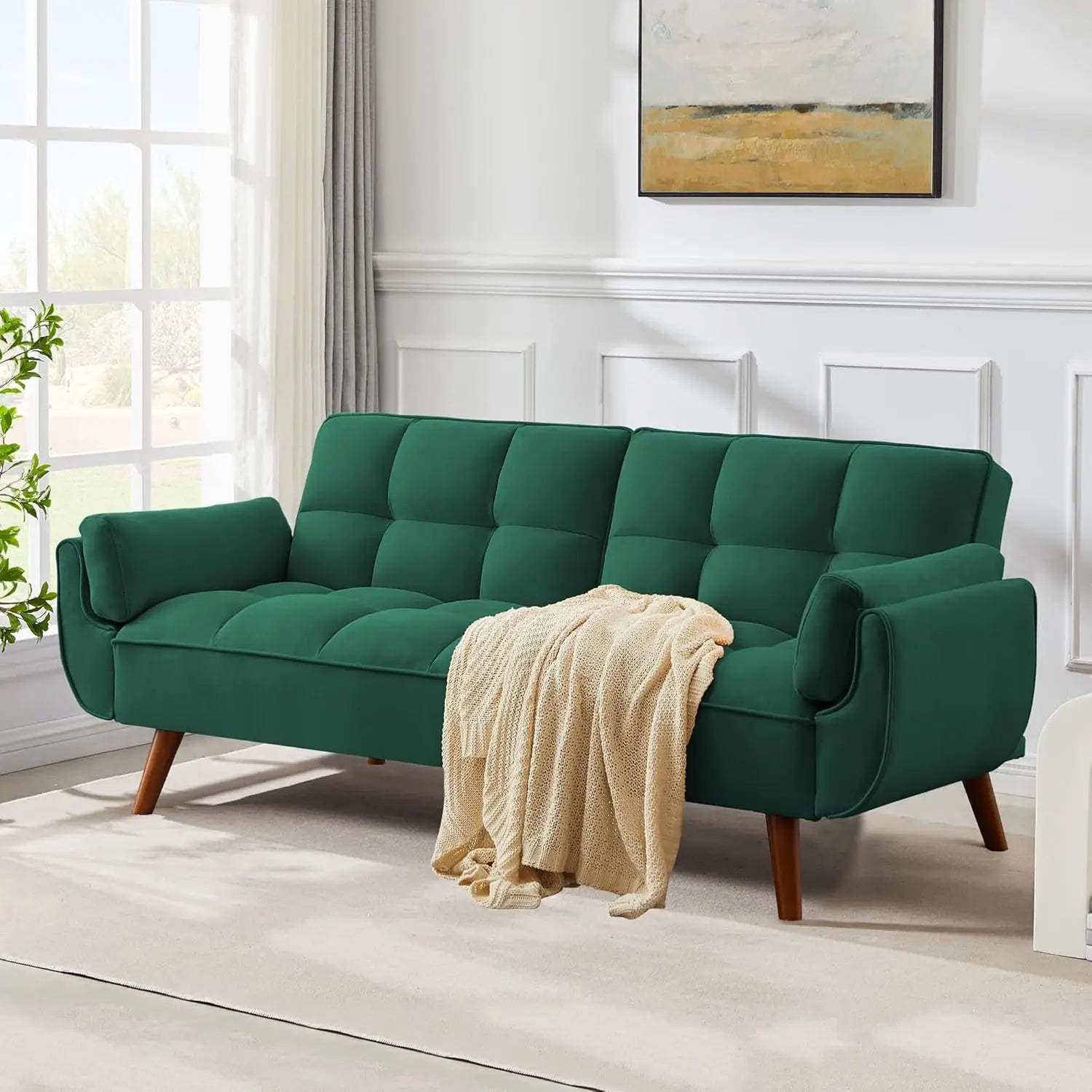 75" Linen Twin Size Futon Sofa Bed. Adjustable Split Backrest