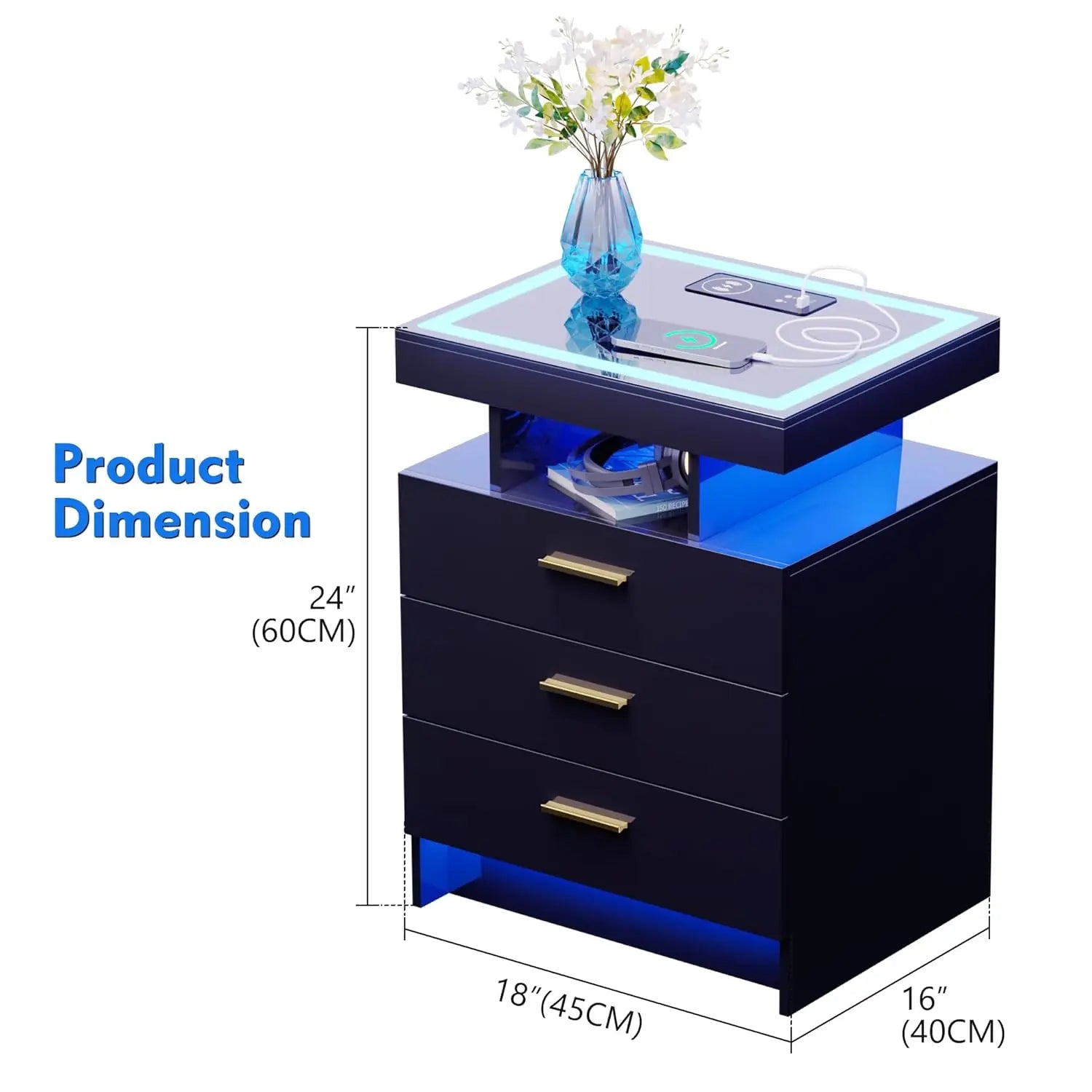 2 Set Nightstands with Wireless Charging Station for Bedroom, Auto Sensor 3 Color Dimmable LED End Table, Modern, Customized