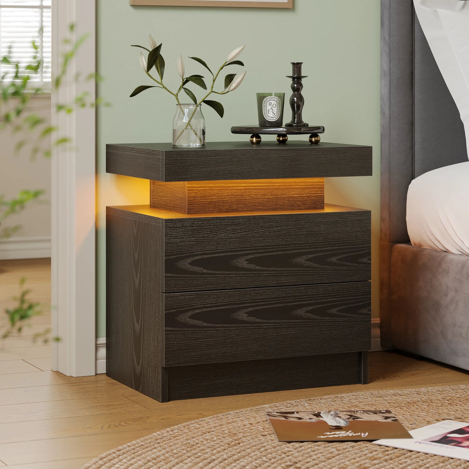 Nightstands with 2 Drawers, End Table with RGB LED Lights