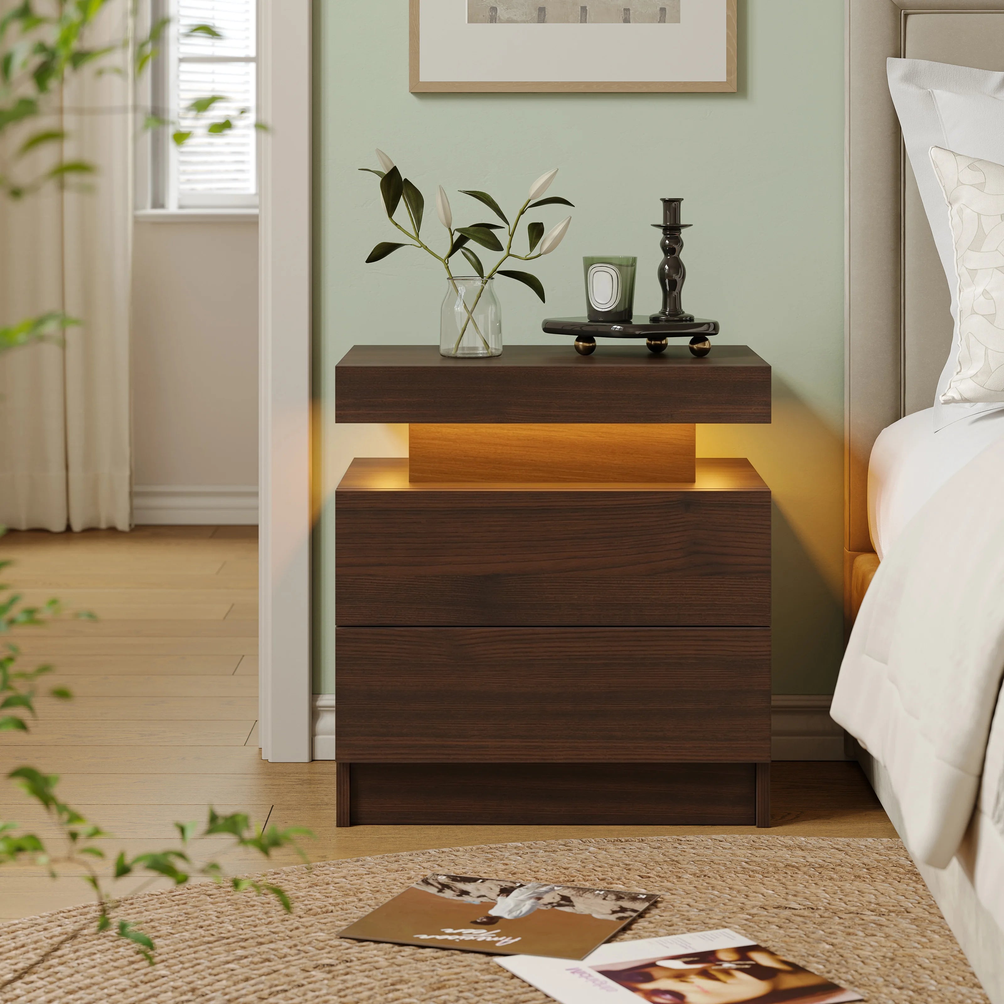 Nightstands with 2 Drawers, End Table with RGB LED Lights