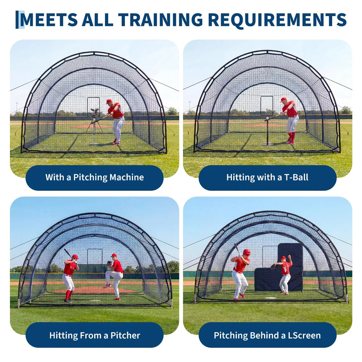 Portable batting cage includes pitching machine hole and detachable door.