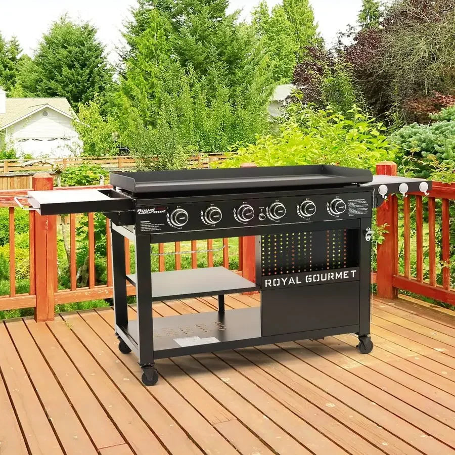 GB6000 6 Burner Propane Gas Griddle with Folding Side Tables, 44Inch Flat Top Grill