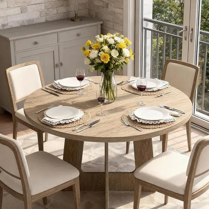 Round Dining Table for 4, 43.3" Wood Kitchen Table with Cross Base,