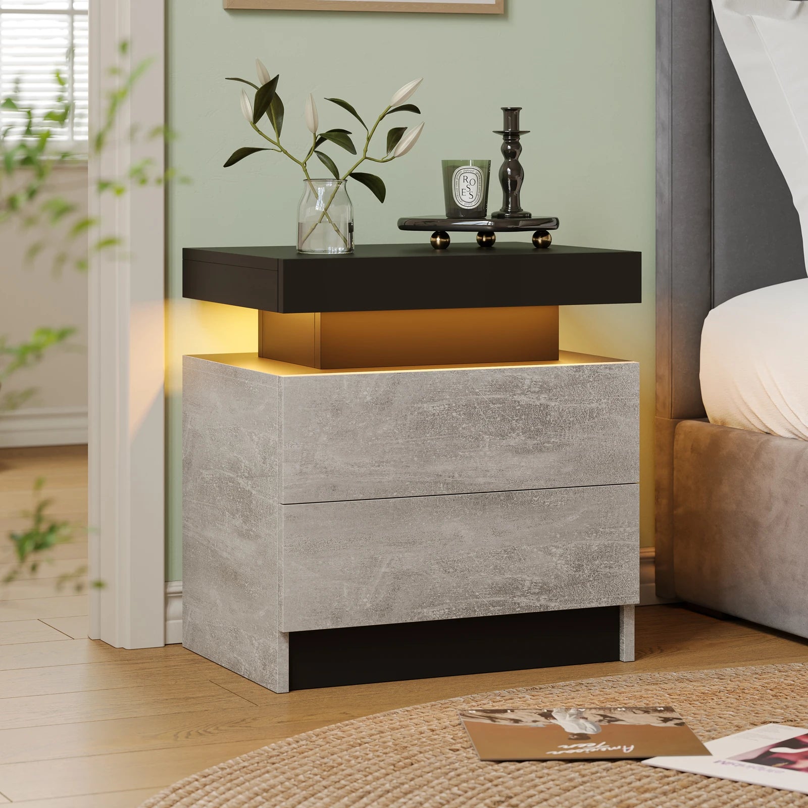 Nightstands with 2 Drawers, End Table with RGB LED Lights