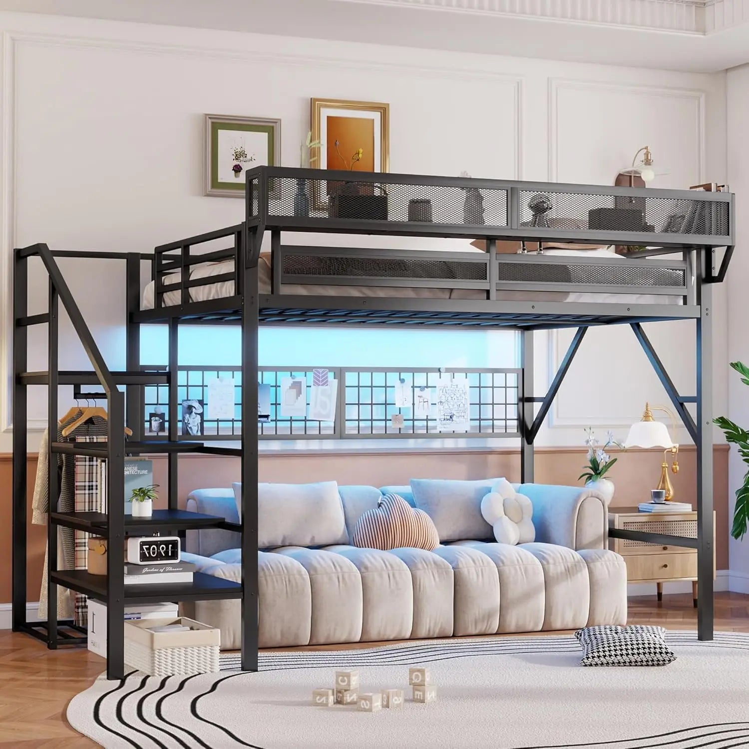 Queen Size Metal Loft Bed Frame With Stairs & Storage,