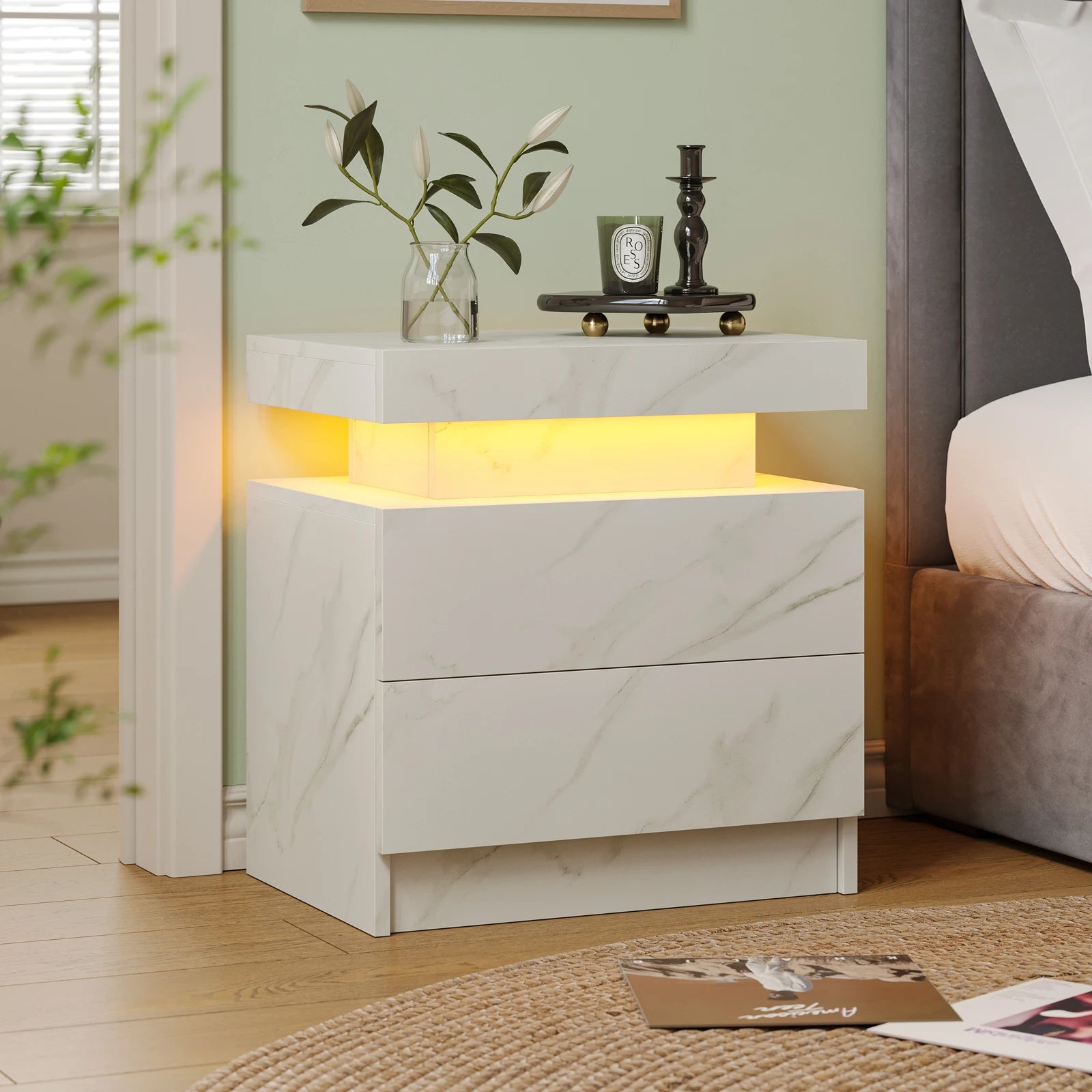 Nightstands with 2 Drawers, End Table with RGB LED Lights