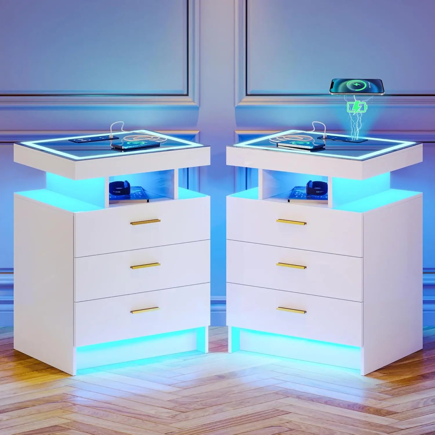 2 Set Nightstands with Wireless Charging Station for Bedroom, Auto Sensor 3 Color Dimmable LED End Table, Modern, Customized
