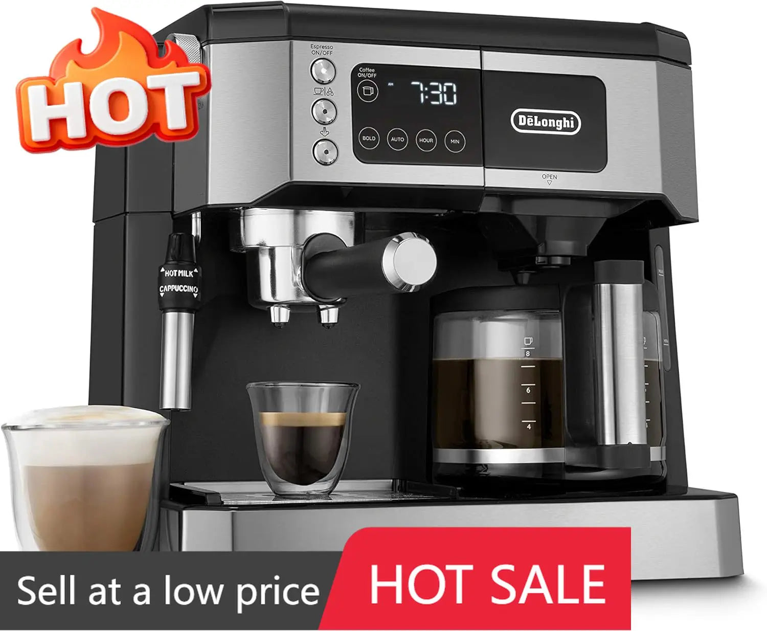 Combination Coffee Maker Espresso Machine Cappuccino Latte Milk Frother Glass Pot