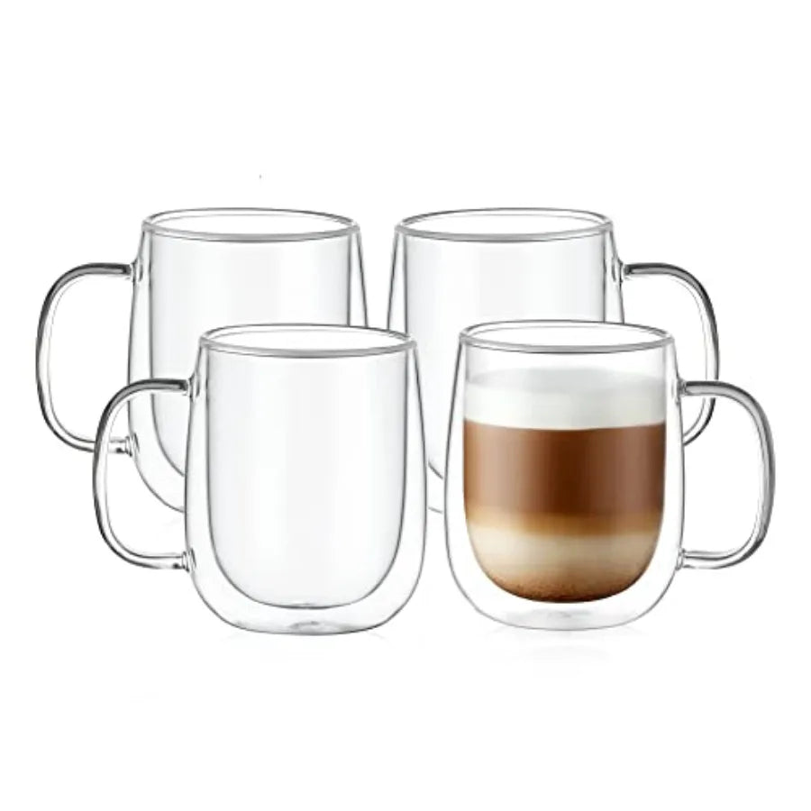 Glass Coffee Mugs 12oz, Double Wall Insulated Mug Set with Handle