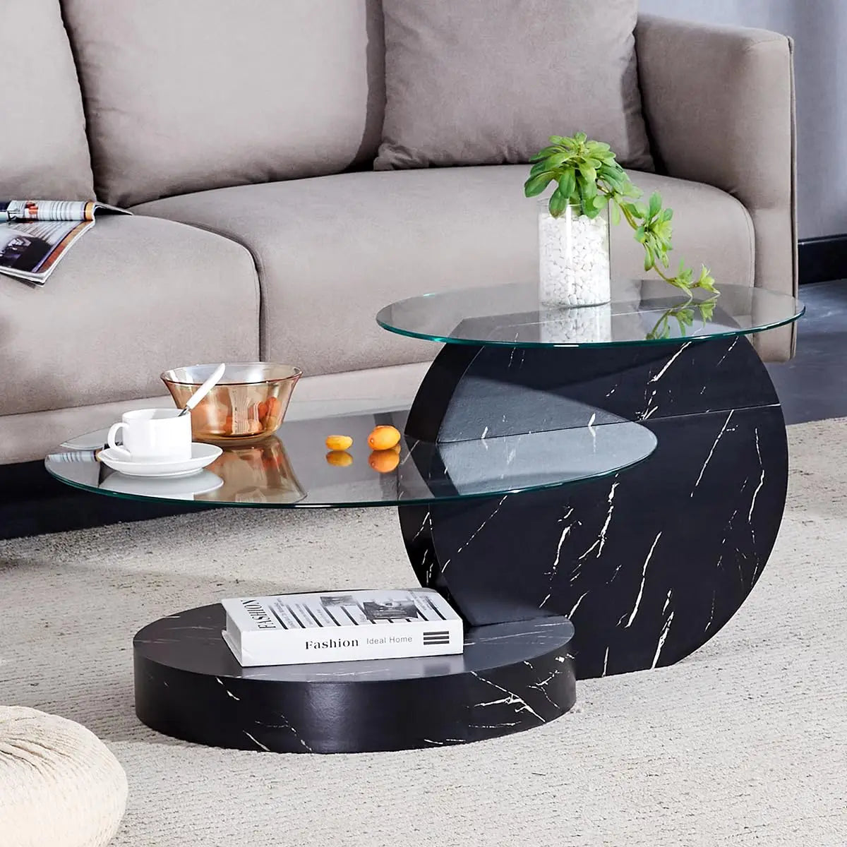 35" Round Tempered Glass Coffee Table. 3-Tier Design. Black Wooden Base.