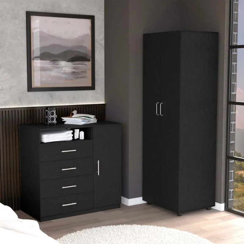 Modern bedroom set combines a spacious wardrobe with four-drawer dresser.