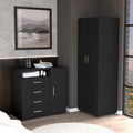 Modern bedroom set combines a spacious wardrobe with four-drawer dresser.