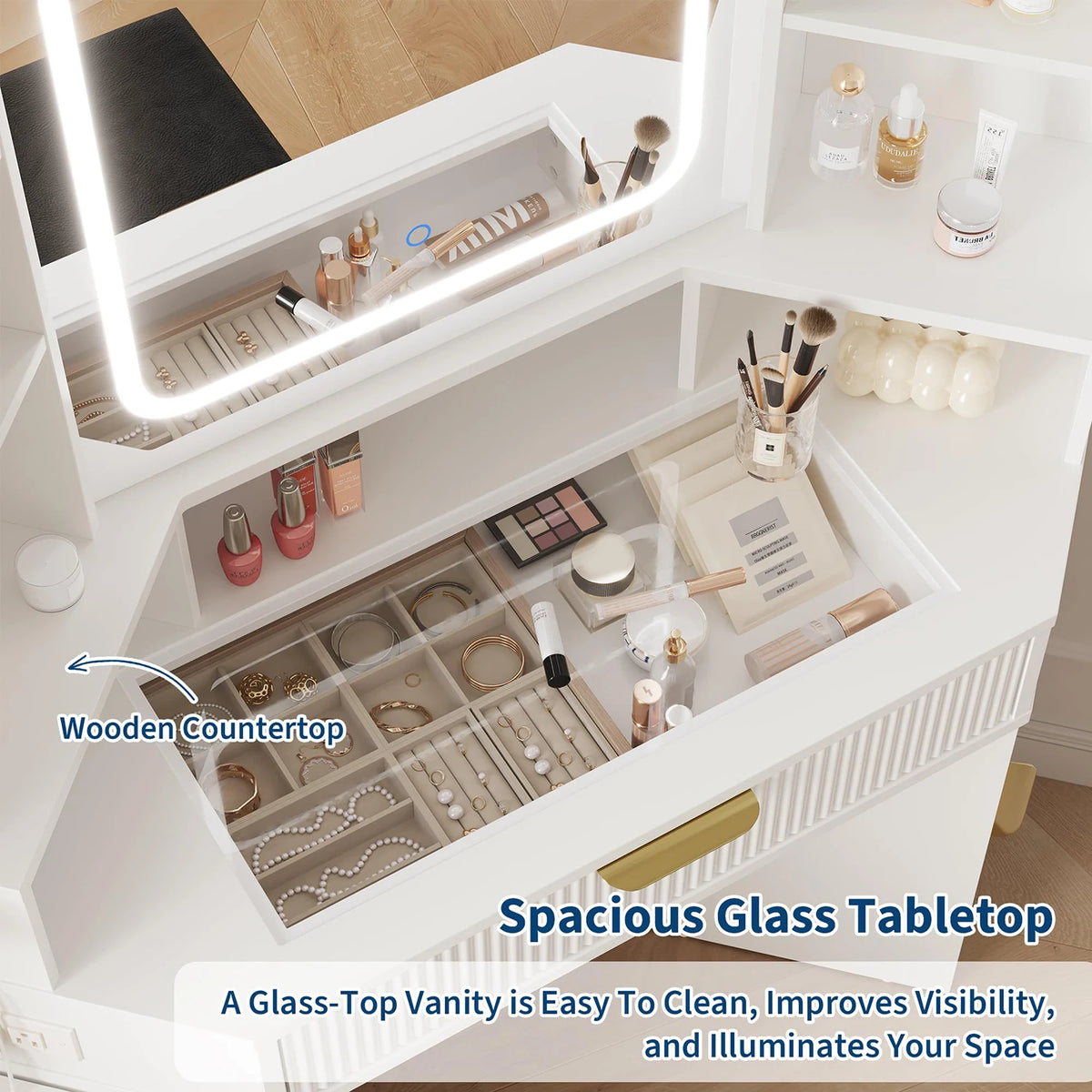 Corner vanity features a lighted mirror, glass top, charging station, and drawers.