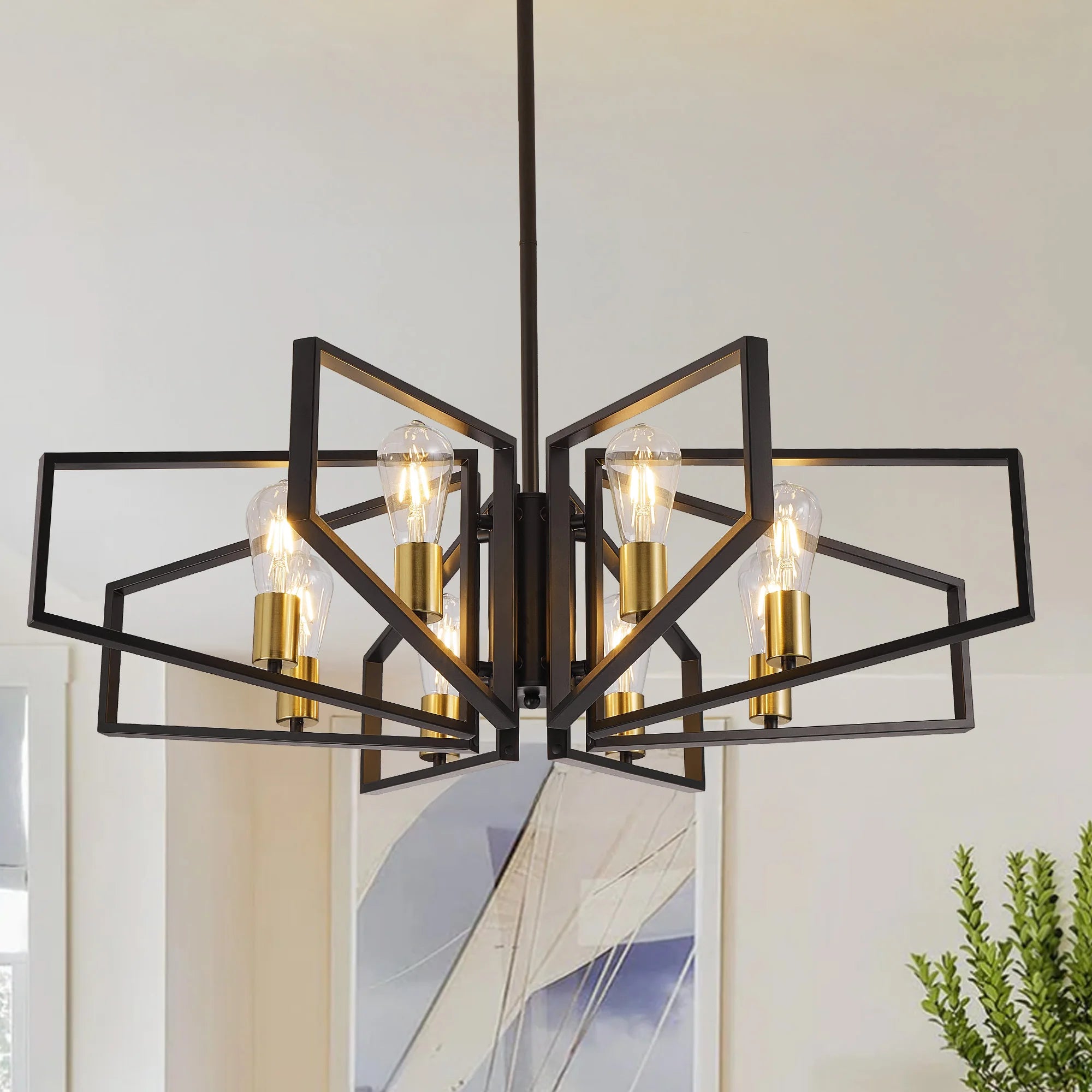Modern 8-Light Gold and black Geometric Chandelier Adjustable Height Metal Pendant Light
