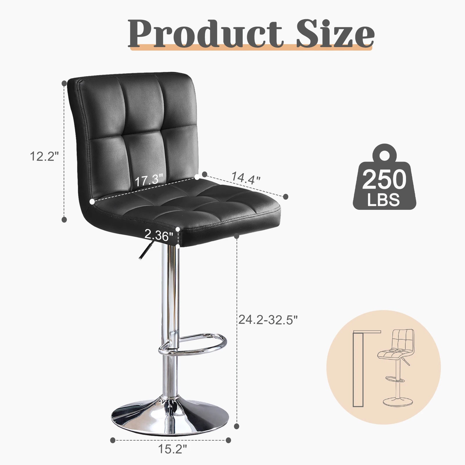JHK PU Leather Bar Stools Set of 2,Upholstered Counter Height