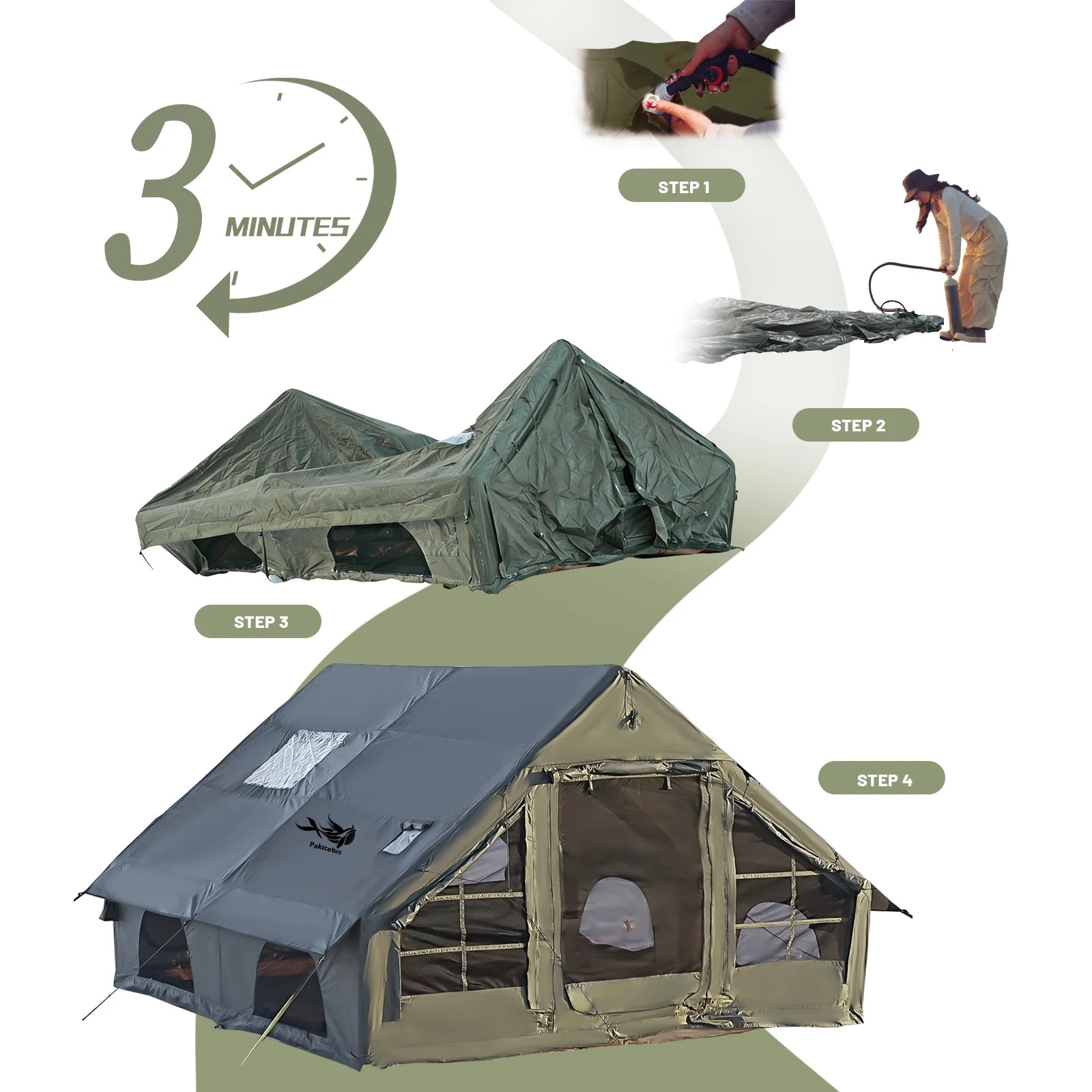 Pakicetus Quick Setup Inflatable Camping Tent, Waterproof Family Tent for 4-8 Persons,