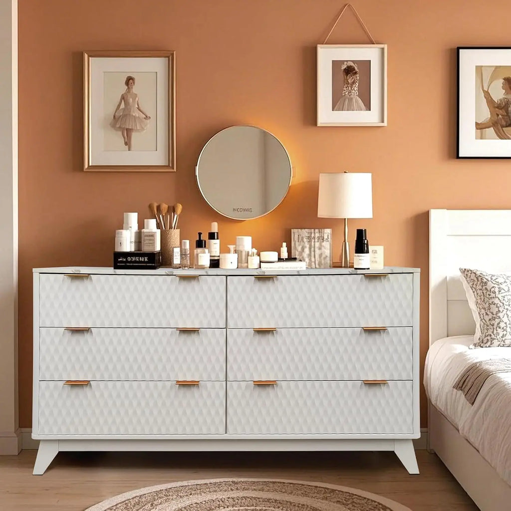 Modern fluted dresser offers six drawers, faux marble top, and versatile storage