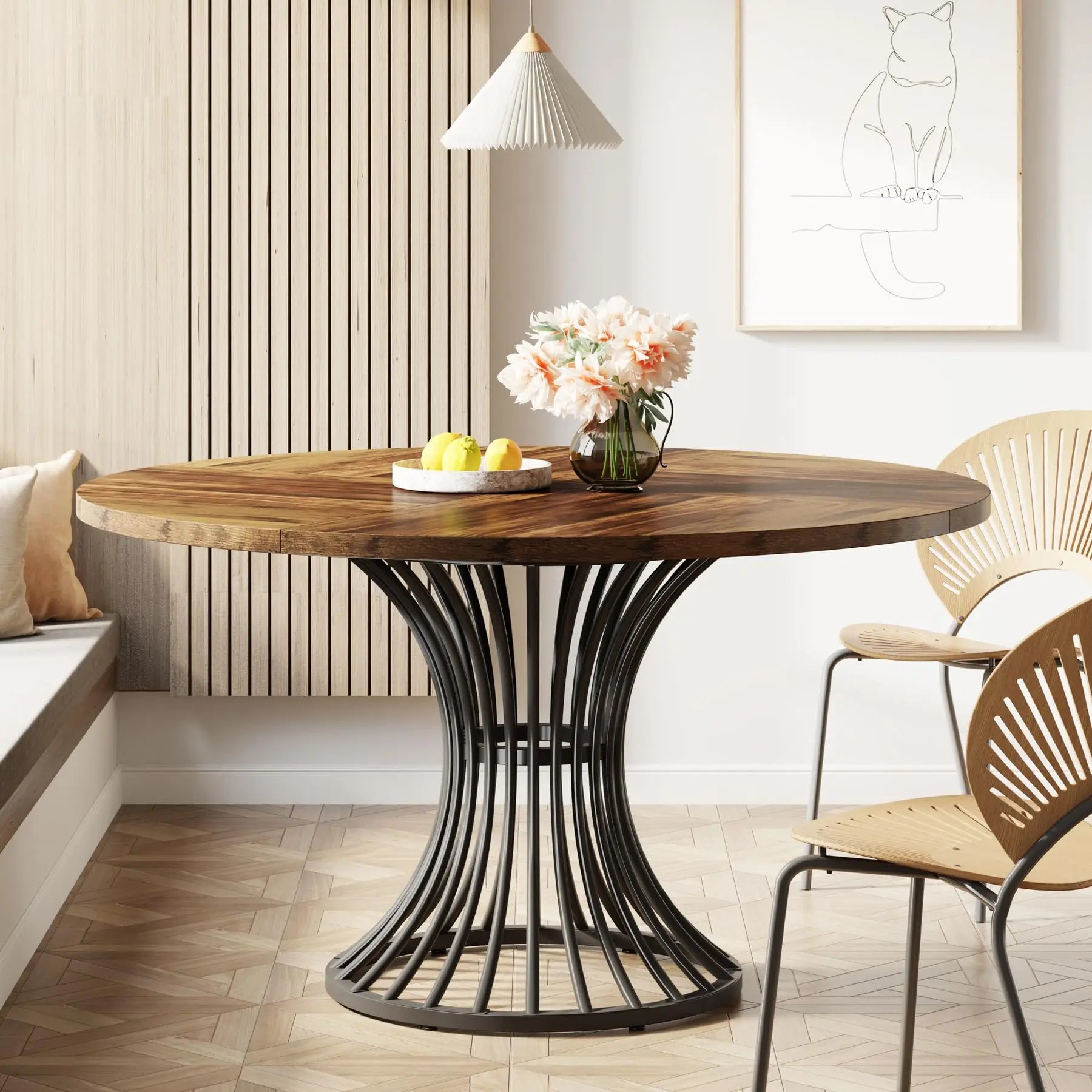 Round Dining Table for 4-6 People, 47-Inch Farmhouse