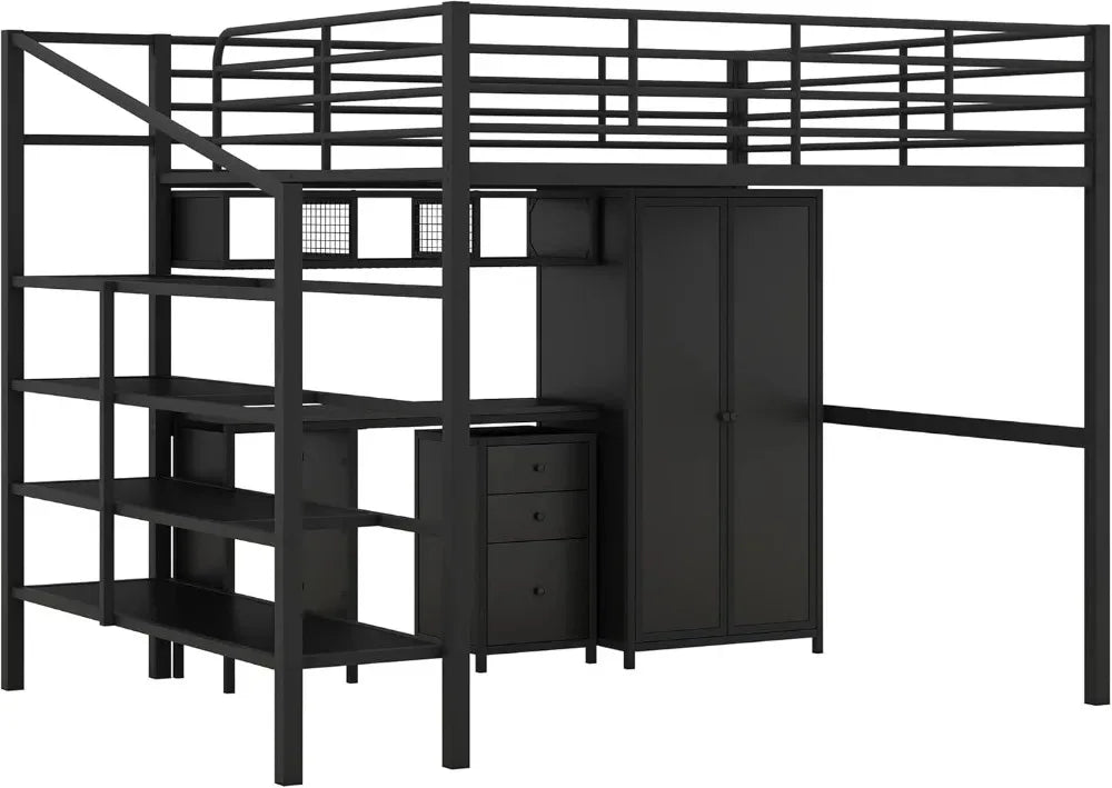 Full Size Loft Bed with Desk, Wardrobe & Stairs - Heavy Duty Metal Frame