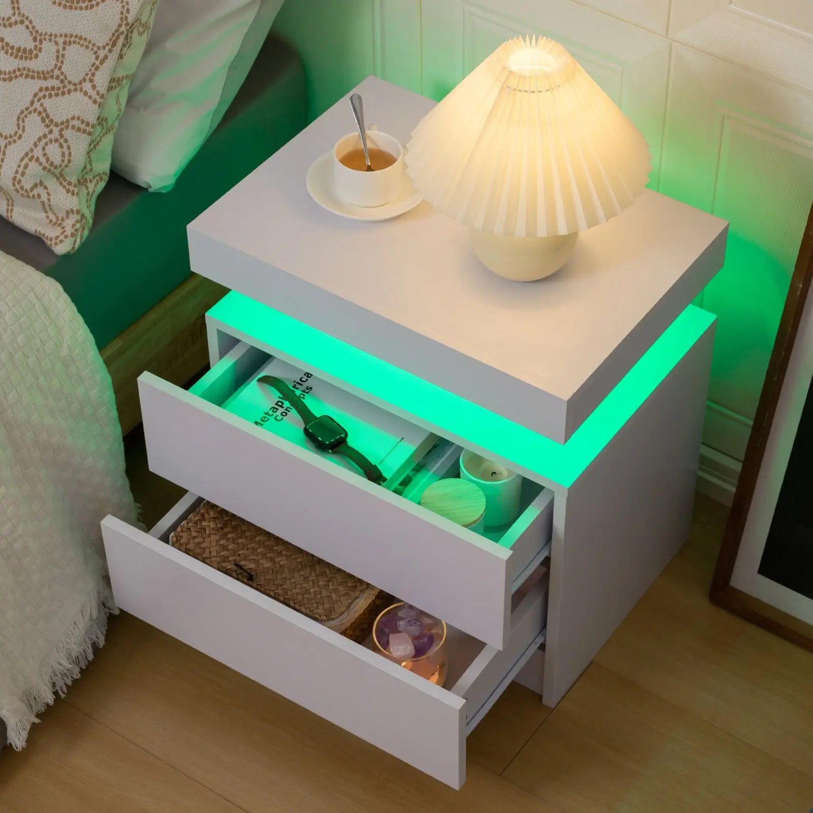 Nightstands with 2 Drawers, End Table with RGB LED Lights