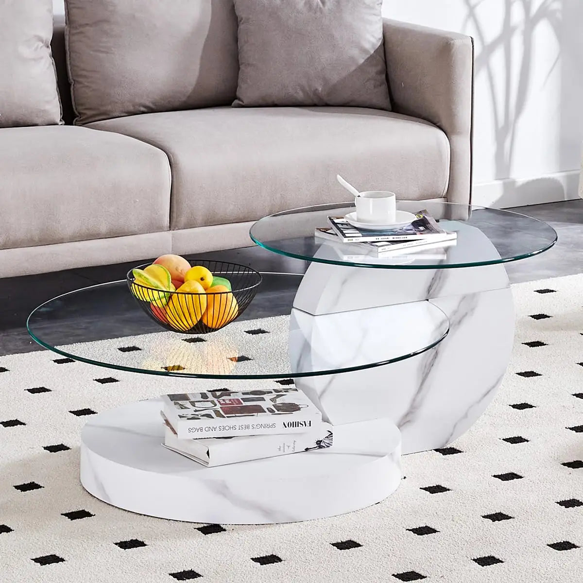 35" Round Tempered Glass Coffee Table. 3-Tier Design. Black Wooden Base.
