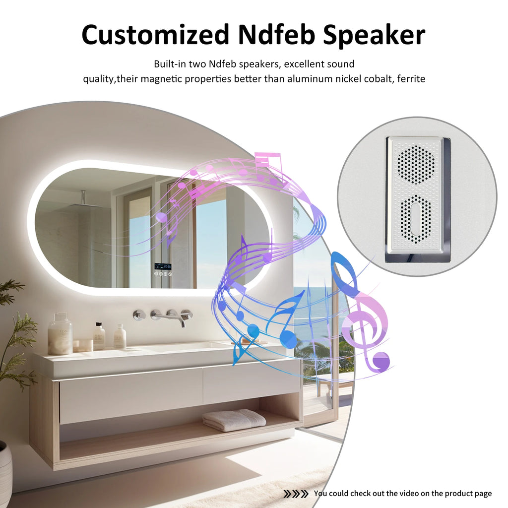 Oval LED Bathroom Mirror with Lights, Anti-Fog, Bluetooth Speaker, 3 Colors Temperature Lighted