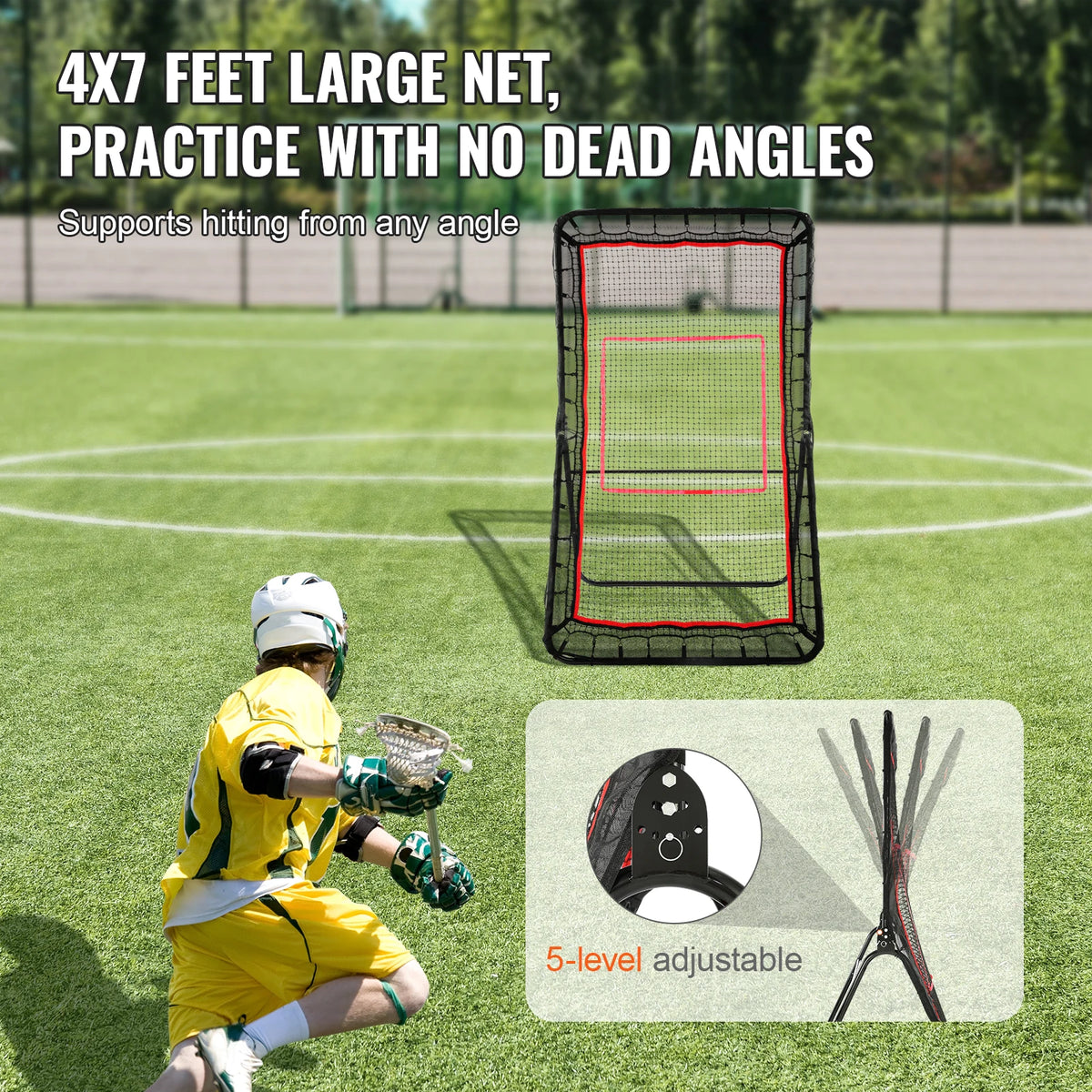 Adjustable lacrosse rebounder supports backyard baseball, softball, and shooting practice.