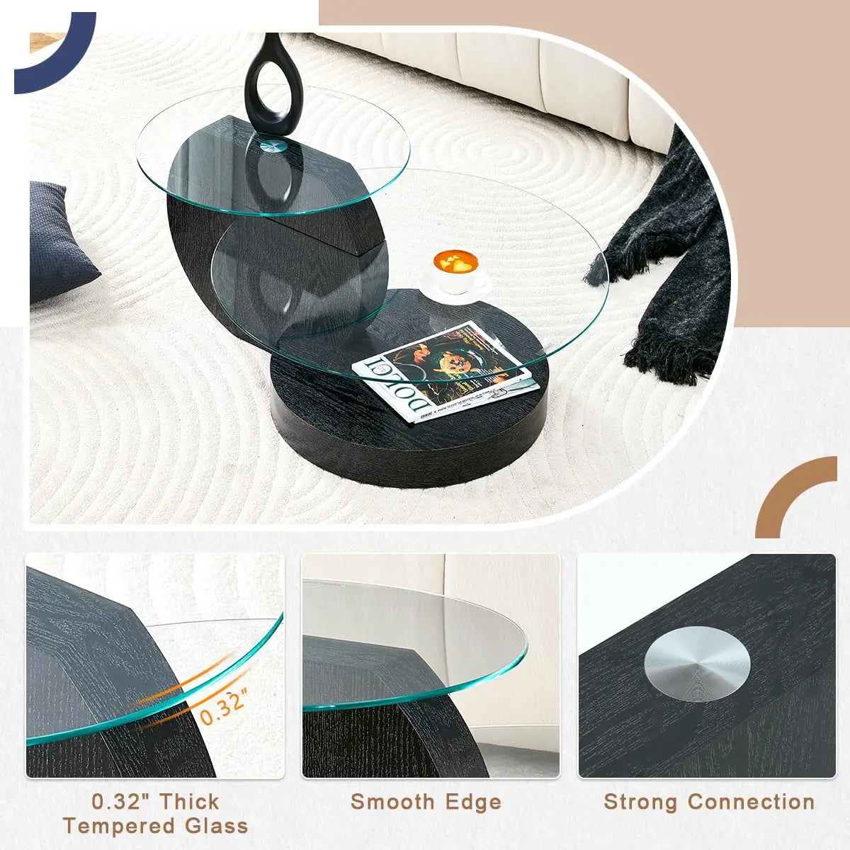 35" Round Tempered Glass Coffee Table. 3-Tier Design. Black Wooden Base.