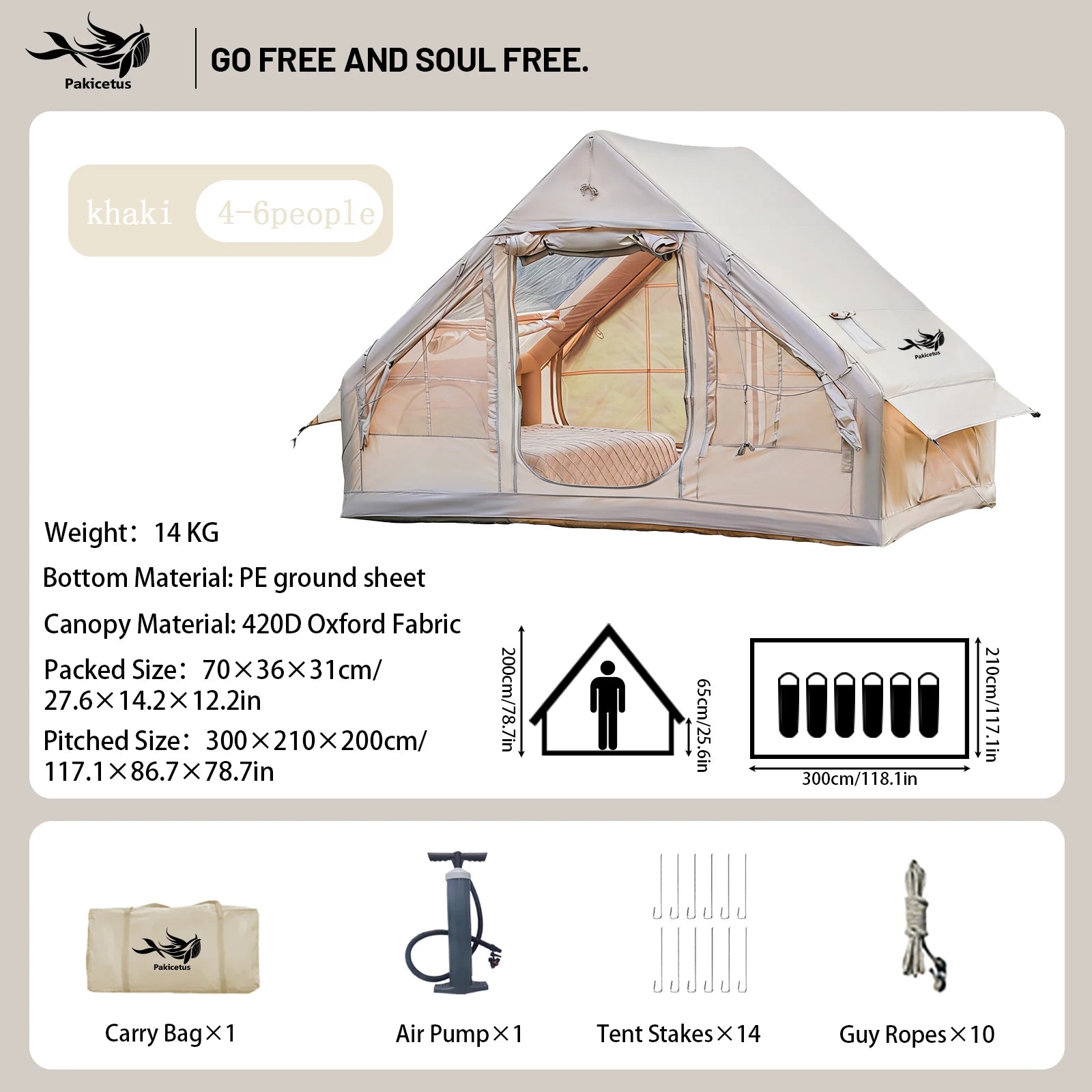Pakicetus Quick Setup Inflatable Camping Tent, Waterproof Family Tent for 4-8 Persons,