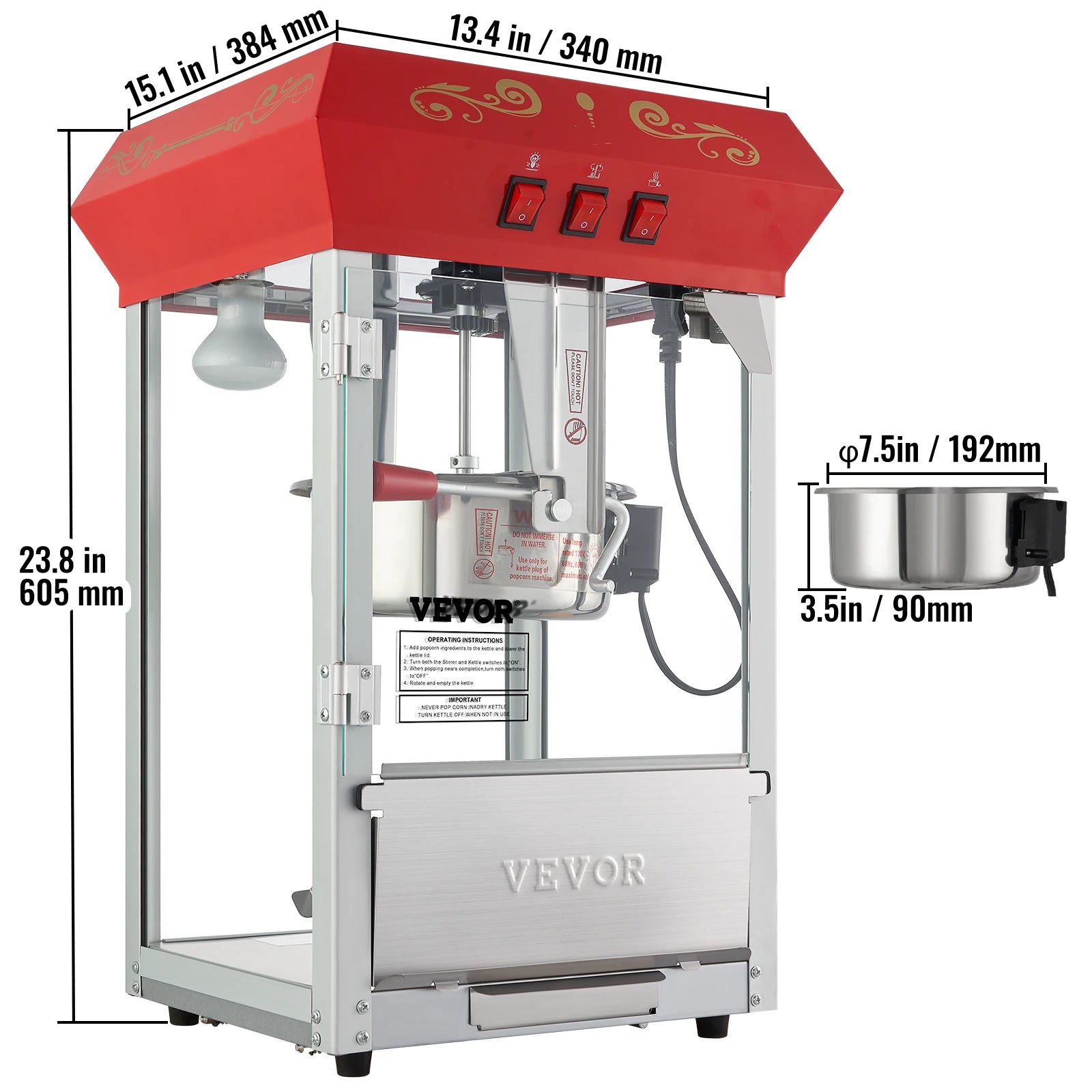 8/12Oz Electric Popcorn Maker with Scoop Spoon SUS304 Heating Tube