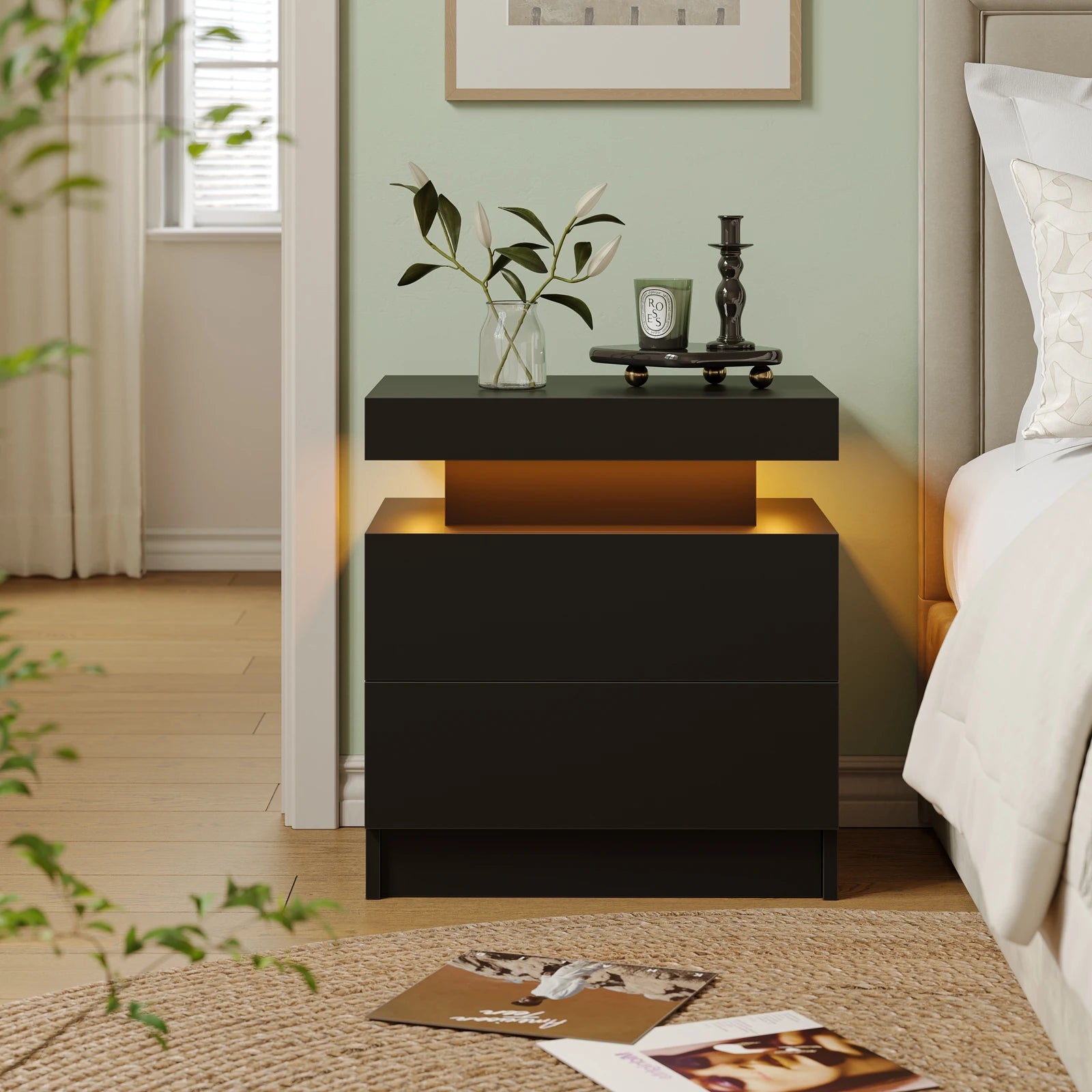 Nightstands with 2 Drawers, End Table with RGB LED Lights