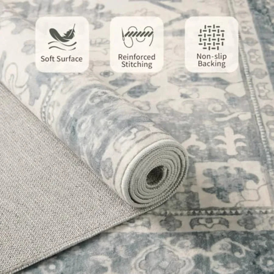 Area Rugs 5x7, Washable Rugs, Vintage Boho Light Blue Rug.