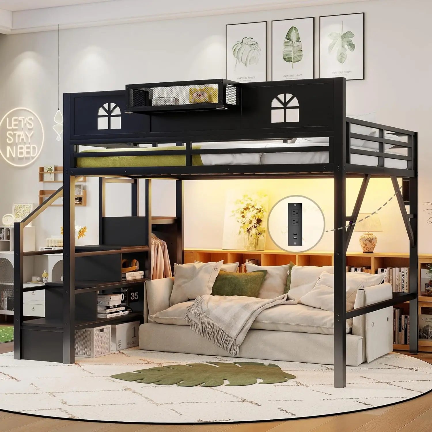 Queen Size Metal Loft Bed Frame With Stairs & Storage,