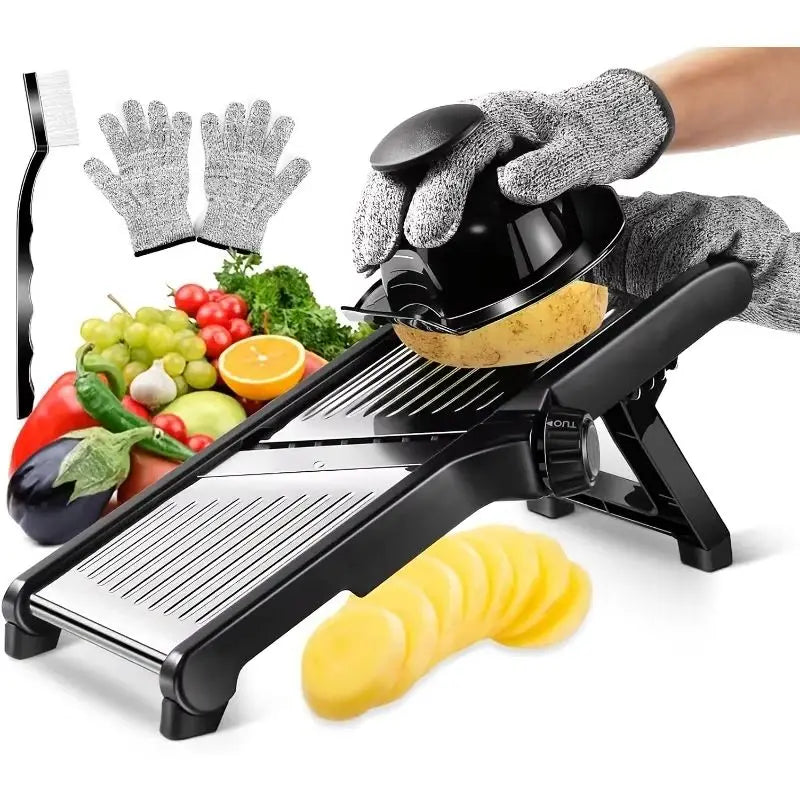 Stainless Steel Slicer /5 Blades & Holder - Safe Hand Guard Food Chopper.