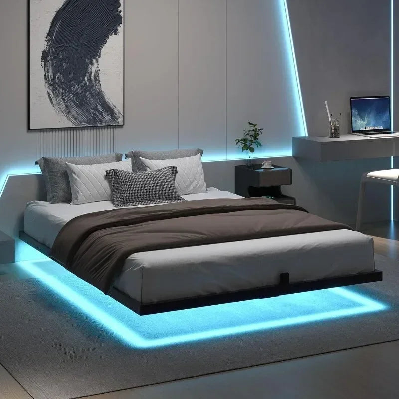 Floating Bed Frame Queen with LED Lights, Modern Metal Platform,