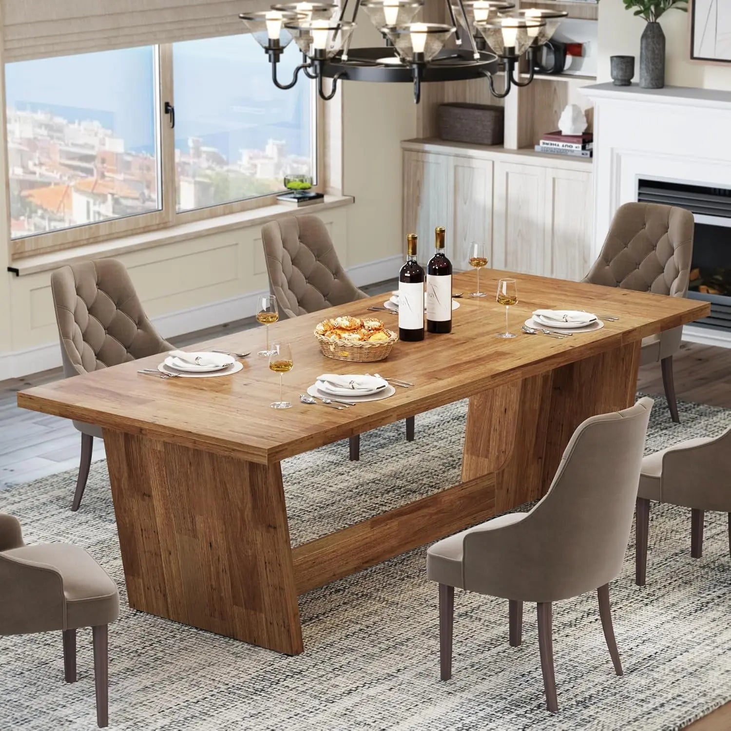 Dining Room Table with Solid Pedestal, Rustic Long Dinner Table