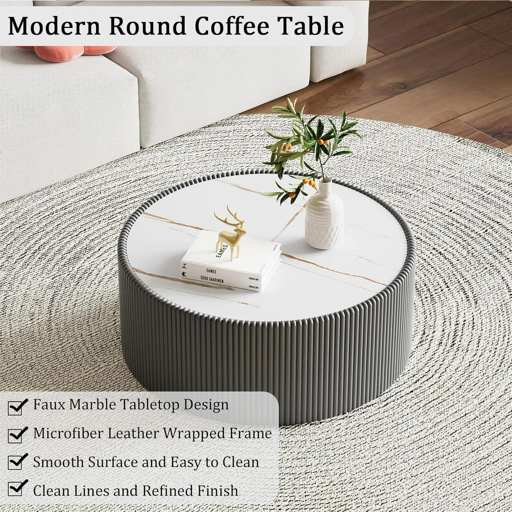 29.52" Grey Round Coffee Table Sintered Stone Top Fluted PU Leather Base
