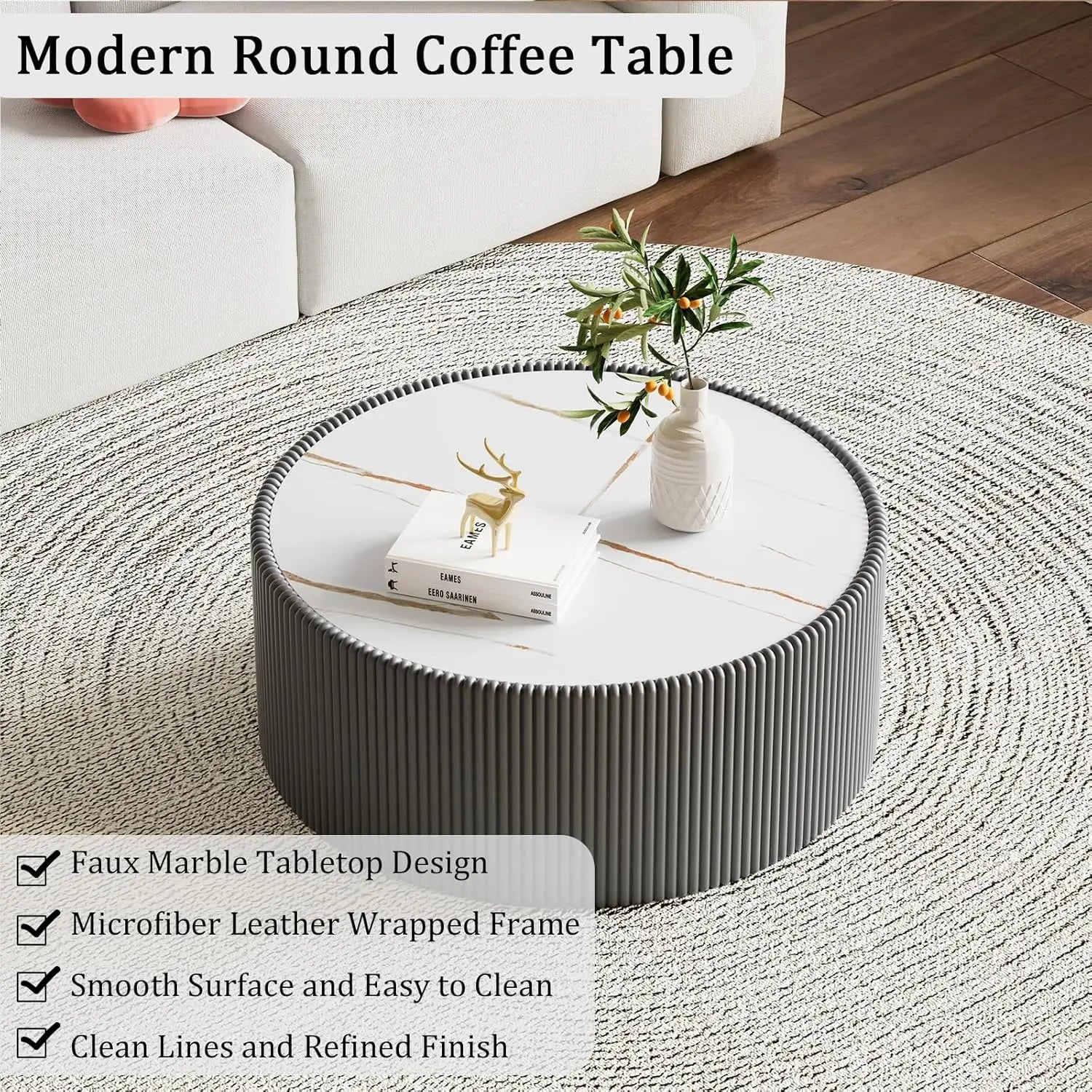 29.52" Grey Round Coffee Table Sintered Stone Top Fluted PU Leather Base