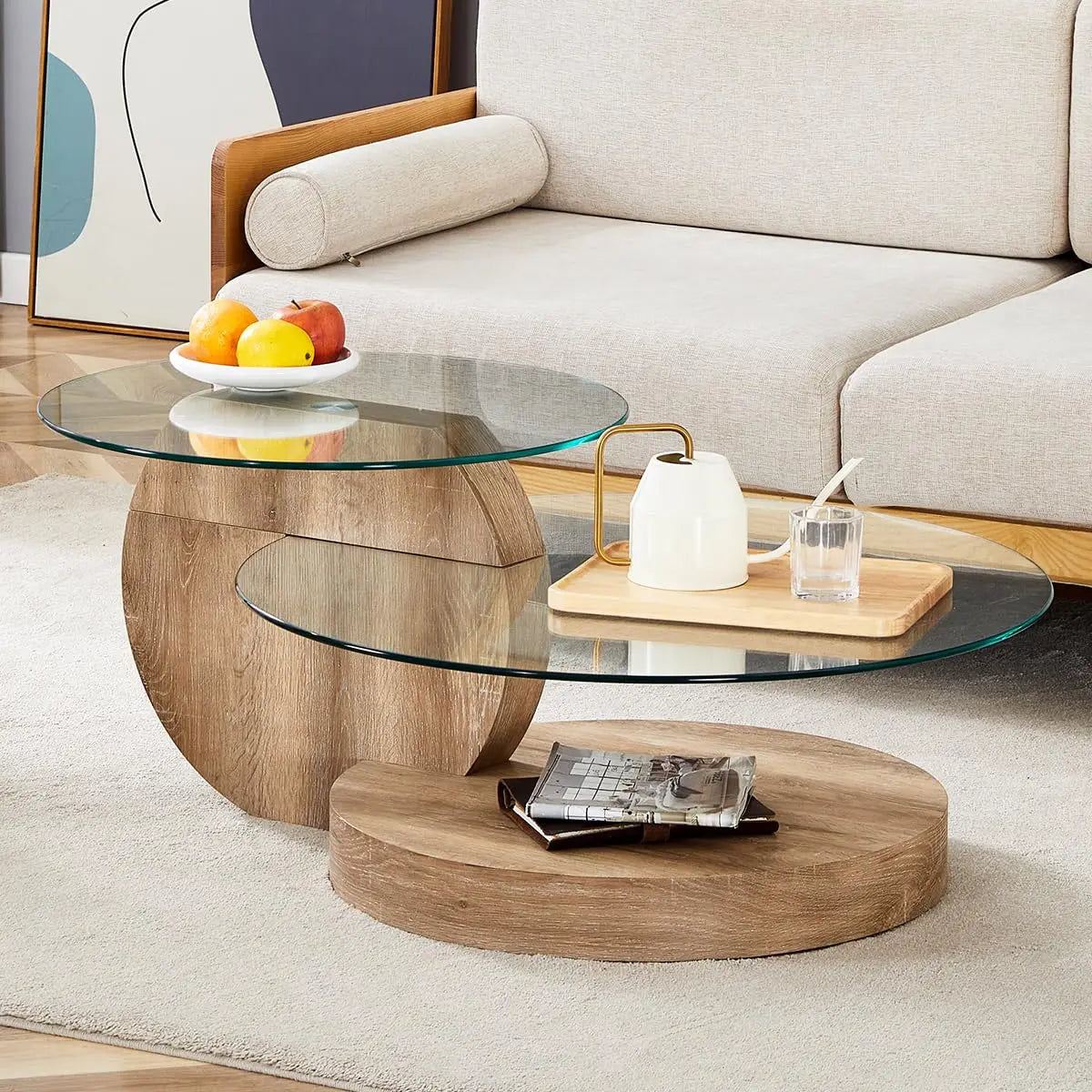 35" Round Tempered Glass Coffee Table. 3-Tier Design. Black Wooden Base.