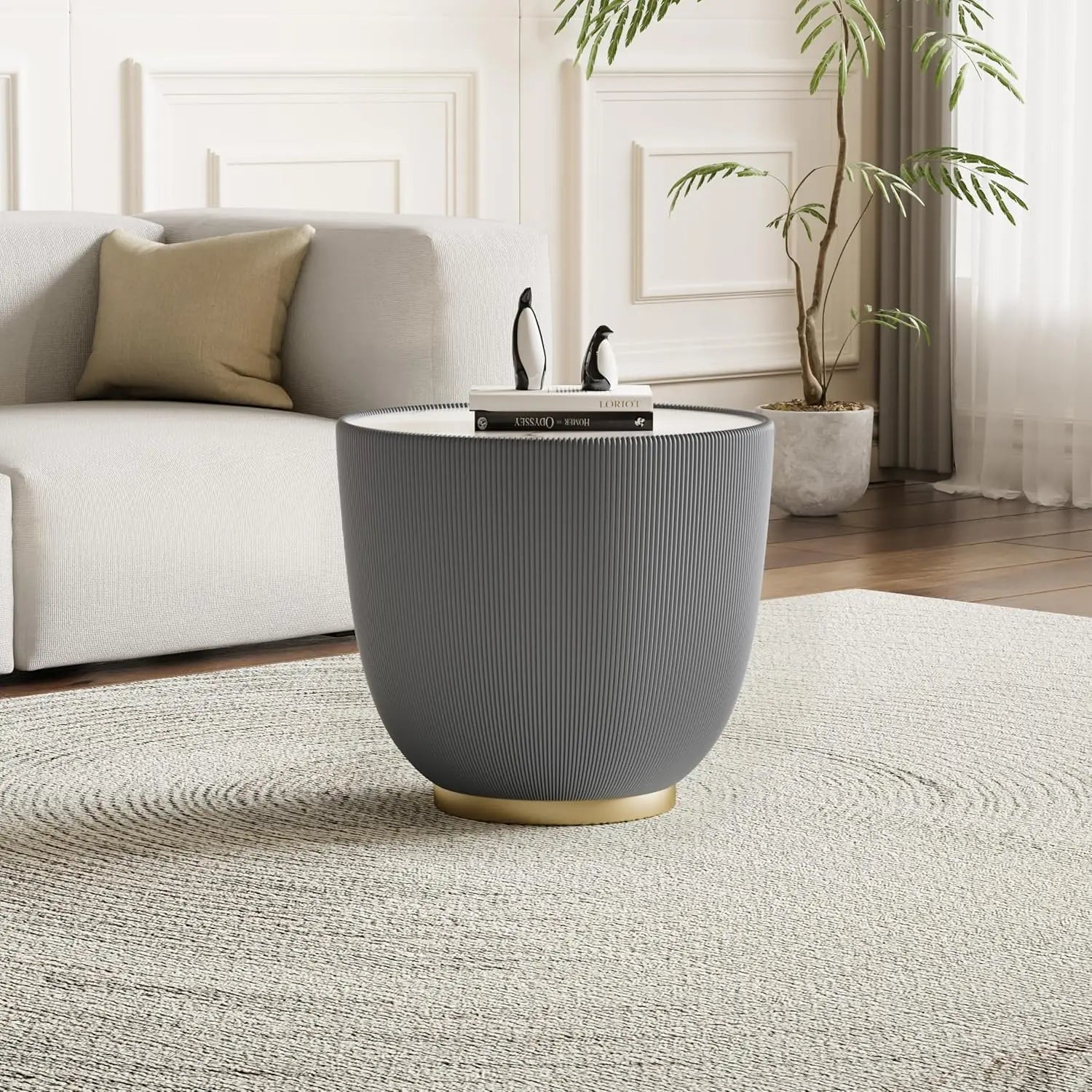 29.52" Grey Round Coffee Table Sintered Stone Top Fluted PU Leather Base