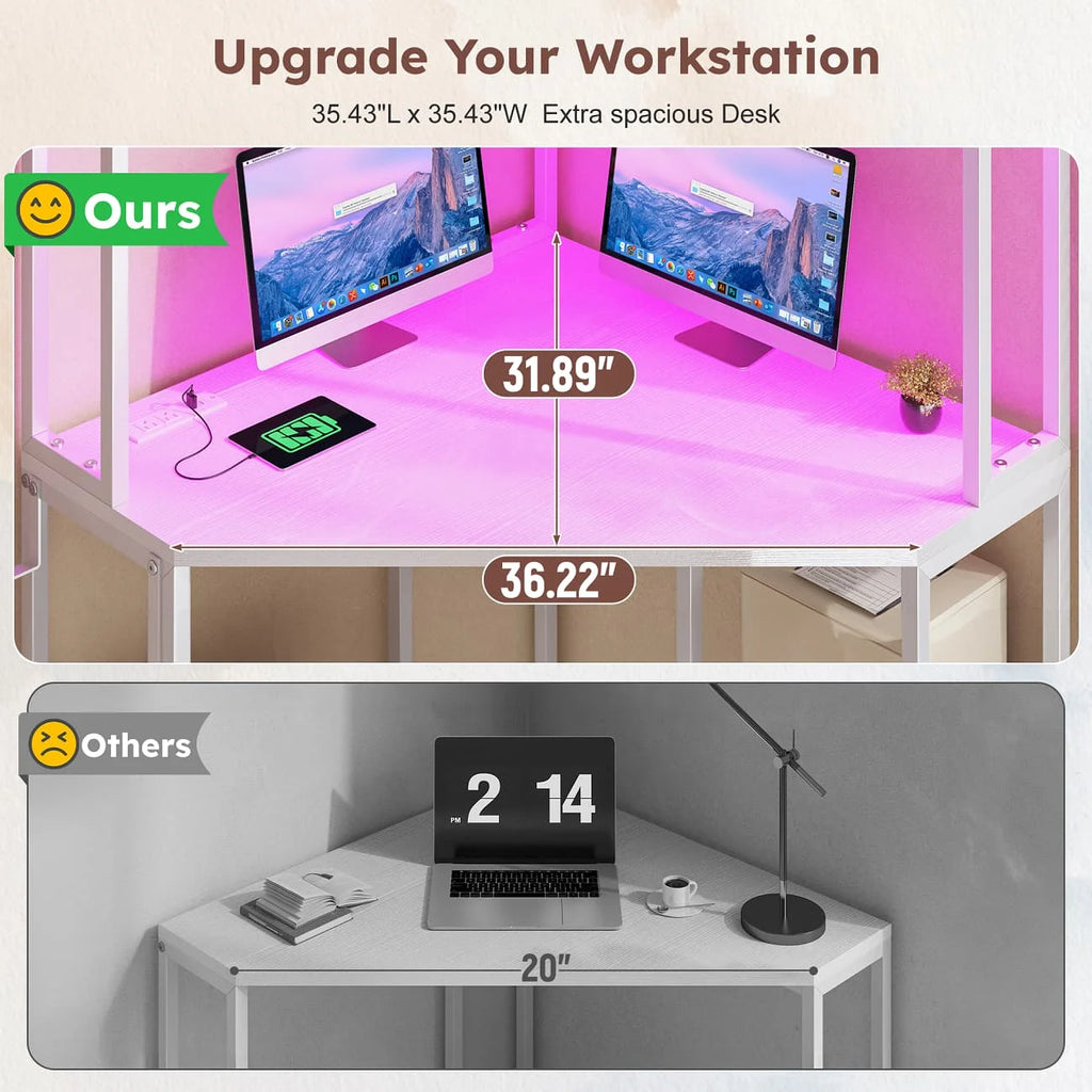 Corner gaming desk includes outlets, LED lights, drawers, shelves, hooks.