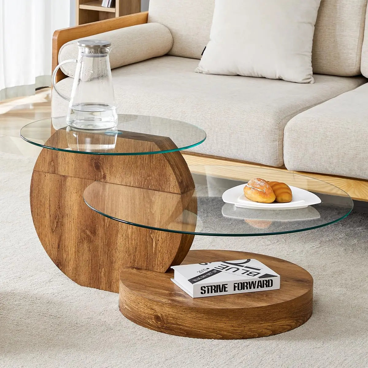 35" Round Tempered Glass Coffee Table. 3-Tier Design. Black Wooden Base.