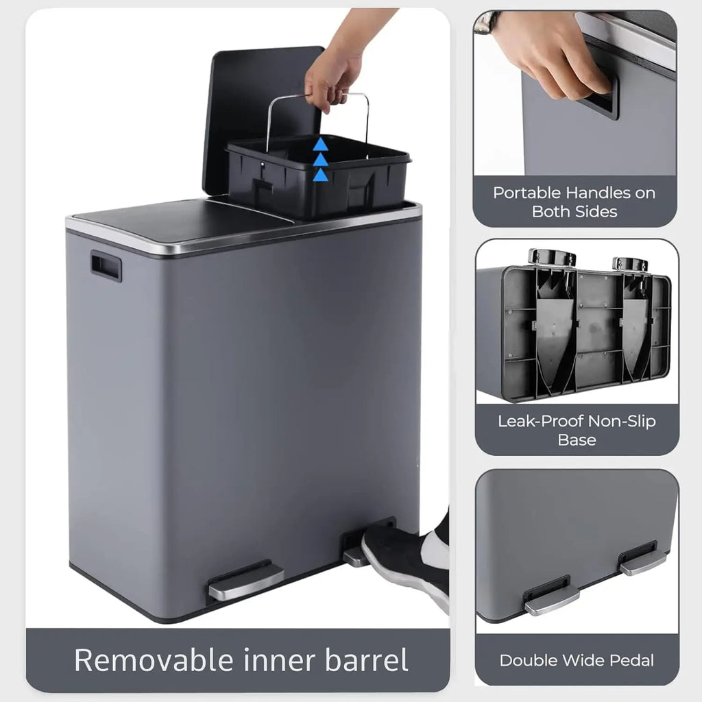 16 Gal (60 L) Stainless Steel Kitchen Trash Can Dual Recycling Bin Garbage Can
