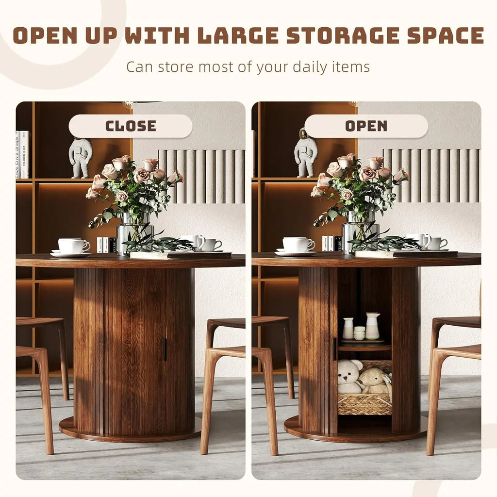 47" Round Dining Table with Storage, Wood Strip Base